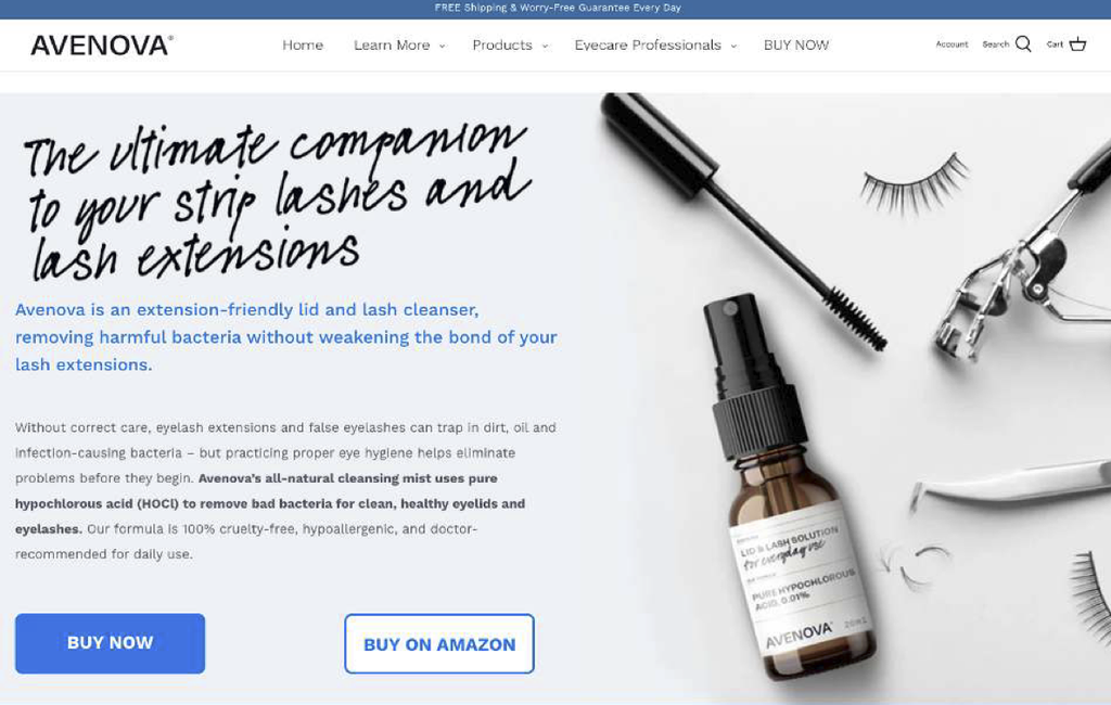 Hero section of the Avenova DTC landing page, headlined "The ultimate companion to your strip lashes and lash extensions"