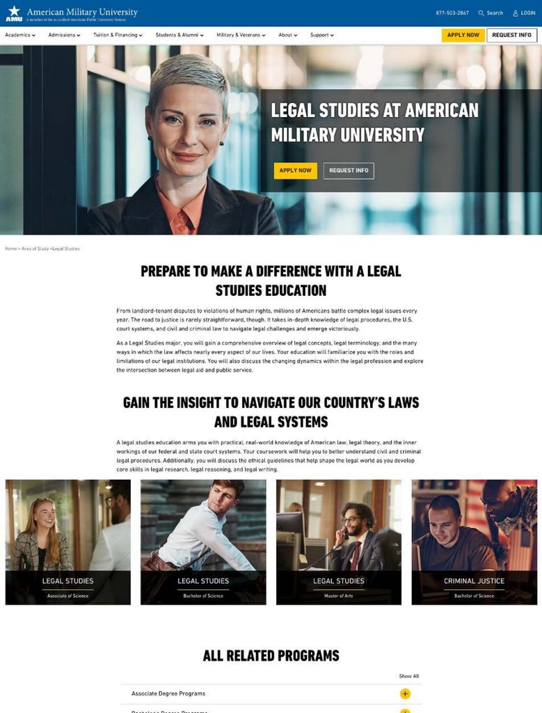Top of the AMU Legal Studies area of study page, headlined "Prepare to make a difference with a legal studies education"