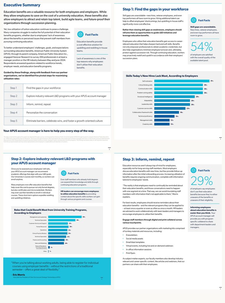 Interior pages of the APUS guide, showing the executive summary, workforce skills data, and the first steps of the framework