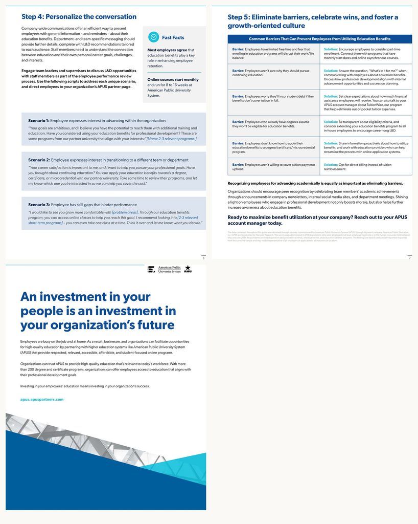 Final pages of the APUS guide, showing manager conversation scripts, the barriers-and-solutions table, and the back cover