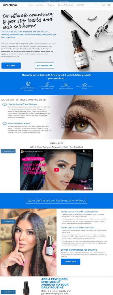 Top half of the Avenova landing page, showing the hero, protection claims, and warning signs sections