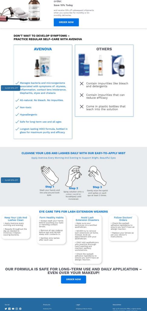 Bottom half of the Avenova landing page, showing the how-to sections, comparison table, and order CTAs
