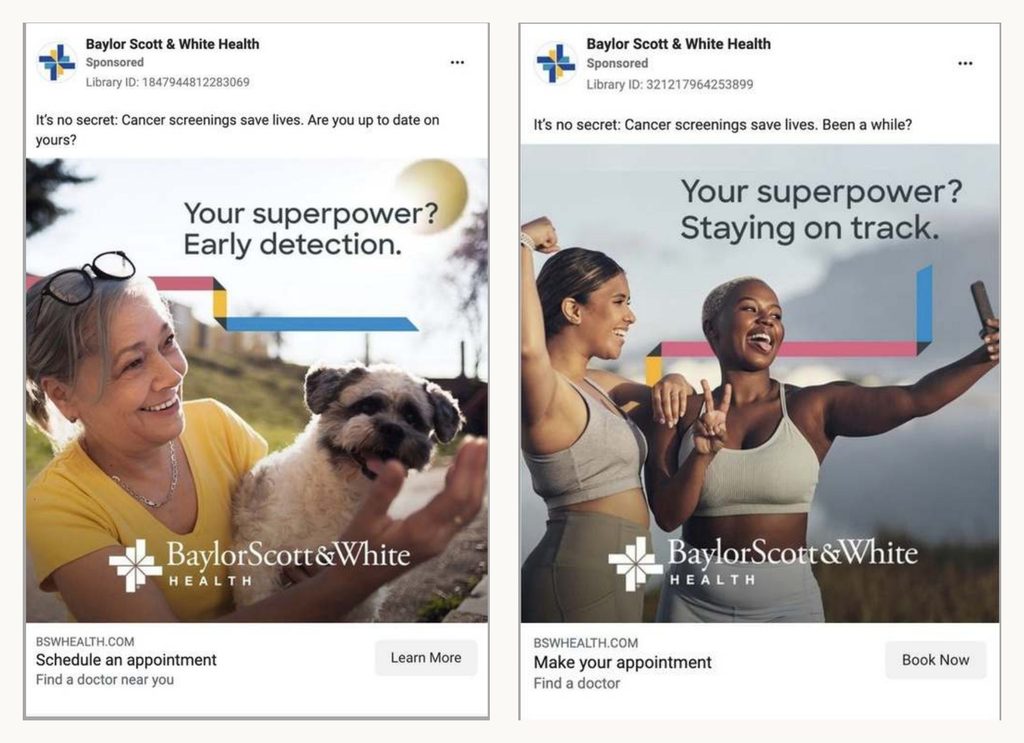 Two Baylor Scott & White Health Facebook ads for cancer screenings, headlined "Your superpower? Early detection" and "Your superpower? Staying on track"