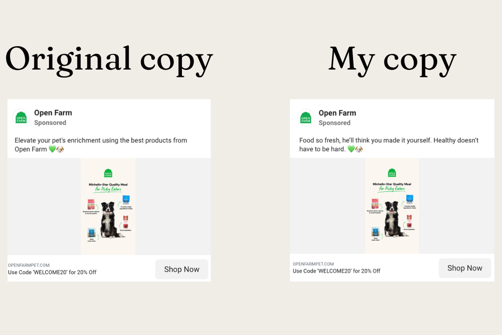 Side-by-side comparison of Open Farm's original Facebook ad copy and Noelle Hartt's rewrite.