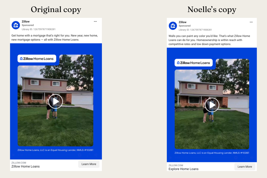 Side-by-side comparison of Zillow Home Loans' original "new year, new home" Facebook ad copy and Noelle Hartt's rewrite.