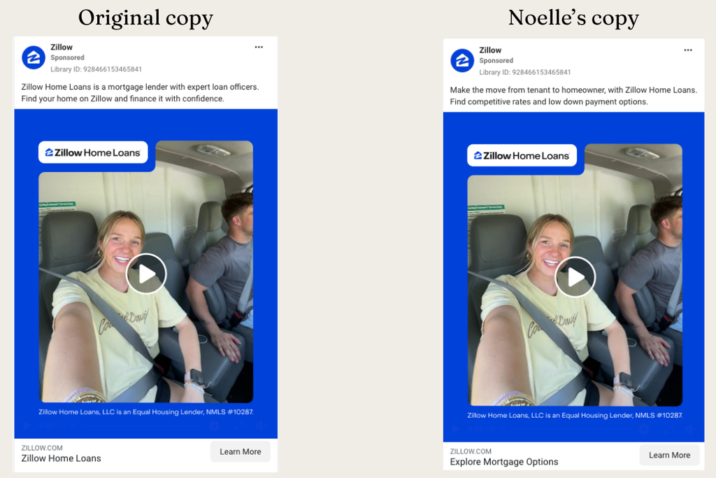 Side-by-side comparison of Zillow Home Loans' original Facebook ad copy and Noelle Hartt's rewrite.